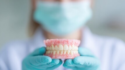 Dental professional showing dental model in clinic during routine check-up