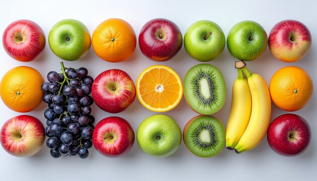 A vibrant, flat lay arrangement of assorted fresh fruits: red apples, green apples, oranges, sliced kiwi, bananas, and dark grapes, isolated on a white background. Perfect for healthy snacks, vitamins