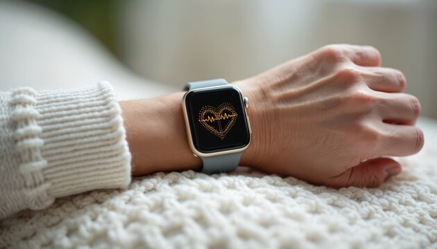 Close up photo of person wearing smartwatch. Device displays heart rate monitor. Concept of health monitoring tech support data pulse fitness or lifestyle.