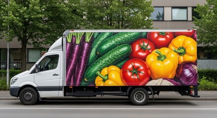 A colorful delivery truck carrying fresh vegetables including carrots cucumbers tomatoes and peppers