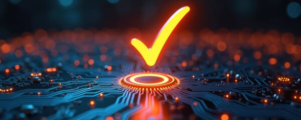 Glowing neon yellow check mark confirms digital data on futuristic circuit board. Abstract concept for tech success approval validation and electronic system confirmation.