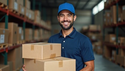 Smiling courier in blue cap holding boxes at warehouse. Delivery man with package in hands looks at camera. Shipping service worker with beard ready for work.