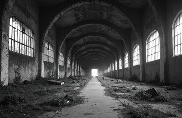 Fototapeta premium Long abandoned industrial hall interior features arched ceilings, large windows. Overgrown weeds, rubble scatter on decaying floor. Bright light glows at tunnel end, offering stark visual contrast.