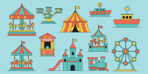 Amusement park elements, carnival rides, carousel and Ferris wheel, circus tent, ticket booth, funfair icons, flat vector illustration © salema khatun
