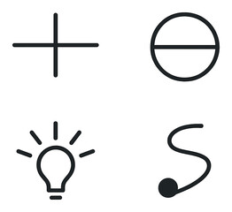 Set of four minimalist icons: plus, circle, light bulb, semiquaver on black background