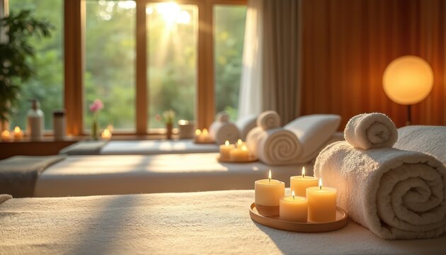 Soft light fills a tranquil spa room. Towels and candles are arranged on massage beds near a window overlooking green trees. The serene atmosphere promotes relaxation and wellness.