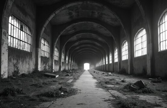 Long abandoned industrial hall interior features arched ceilings, large windows. Overgrown weeds, rubble scatter on decaying floor. Bright light glows at tunnel end, offering stark visual contrast. - Powered by Adobe