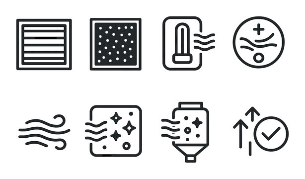 Set of air purifier icons depicting various filtering functions and indicators