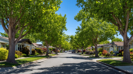 Quiet suburban street lined with green trees and houses under clear blue sky