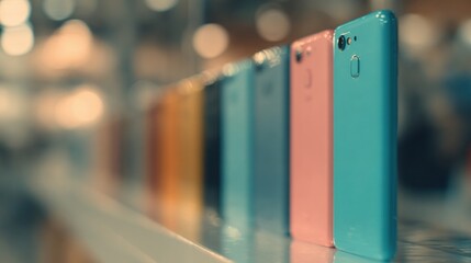 Colorful array of smartphones lined up for display at a tech event