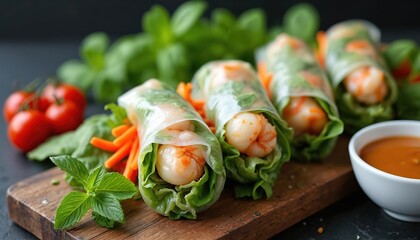 Delicious fresh shrimp spring rolls with crisp lettuce, carrots, herbs. Healthy Asian food snack on wooden board with side dipping sauce. Authentic Vietnamese cuisine meal, appetizer, diet. Healthy