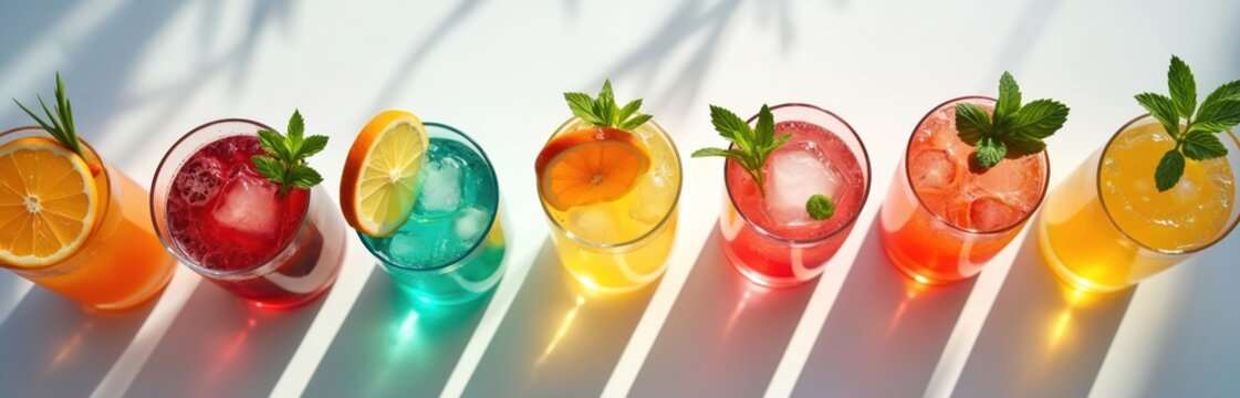 Colorful cocktails arranged on white surface with citrus fruits, mint garnishes. Drinks in glasses with ice, varying in colors, ingredients. Vibrant summer drinks for party gathering. Refreshing - Powered by Adobe