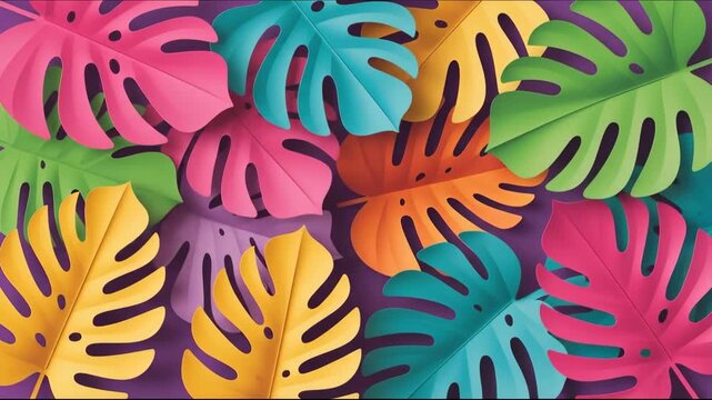 Colorful monstera leaves forming an animated repeating pattern. Tropical foliage for summer design and vibrant background.