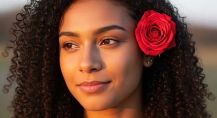 Radiant beauty portrait of a thoughtful woman with rose adornment in her hair style on her head