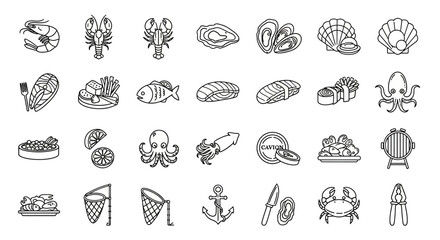 Collection of seafood icons in outline style, including shrimp, lobster, oysters, fish, sushi, octopus, squid, crab, and other marine delicacies.