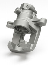 Lightweight aluminum automotive steering knuckle, isometric view of suspension part isolated on white background