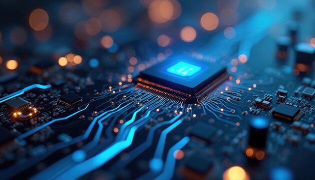 Close up view of blue circuit board with glowing lines, microchip. Data flow moves through electronic components. Image shows digital tech, computer hardware, data transfer, processing. Modern