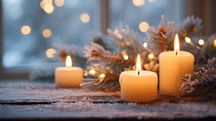 Warm glowing Christmas candles on a snowy windowsill with festive bokeh lights