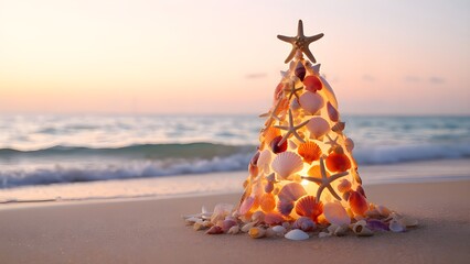 Warm coastal holiday with a glowing seashell Christmas tree by the ocean at dusk