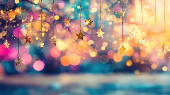 Festive stars shining in a colorful background during winter celebration