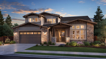 Modern two-story house with stone and wood exterior and well-landscaped front yard