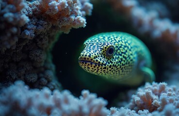 Obraz premium Close view shows leopard moray eel in coral reef. Spotted eel is camouflaged among corals in sea. Marine animal hunts at ocean bottom. Wildlife underwater portrait.