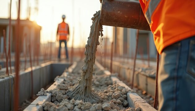 Builder in uniform pours cement mortar. Constructor works at construction site. Man makes formwork reinforcing. Worker pouring cement. Construction engineering industry concrete solution at sunset.