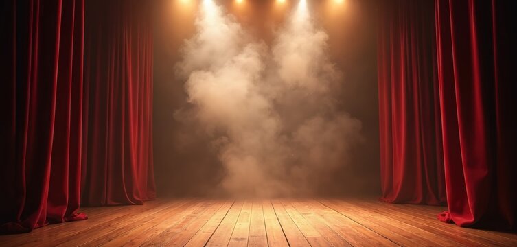 Empty theatre stage illuminated by spotlights smoke. Red stage curtains frame wooden floor. Dramatic lighting creates atmosphere for show. Performance and drama concept.