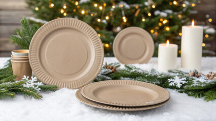 Christmas green energy eco friendly tableware set displayed on snow with candles and tree, festive sustainable celebration outdoors