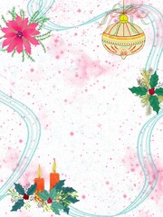 Illustrations of a pink poinsettia, holly leaves and berries, a hanging ornament, and two lit candles on a white background with light pink speckles and flowing light blue wavy lines.