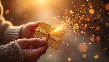 Hands hold sparkling golden gift card tied with festive ribbon. Present glows brightly, emitting magical sparks, bokeh lights. Represents thoughtful giving, special reward, wish, luxury item for