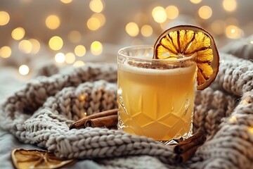 Cozy winter drink with dried orange slice and soft bokeh lights