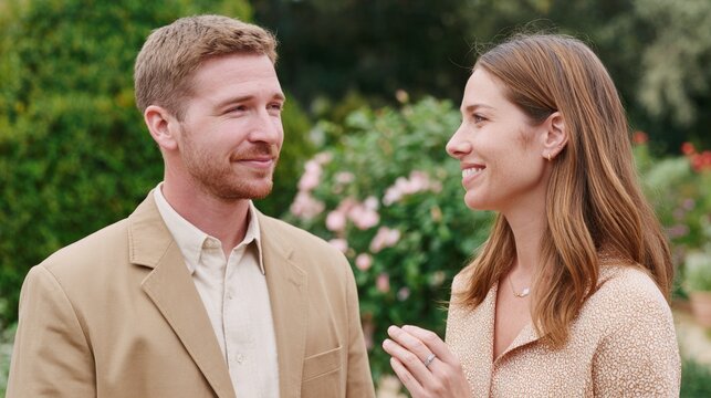 Man and woman standing outdoors, smiling and talking. - Powered by Adobe