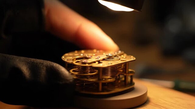 A technician repairing a detailed vintage watch under focused light