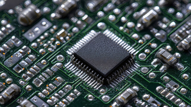 Close-up view of a computer circuit board with a microchip