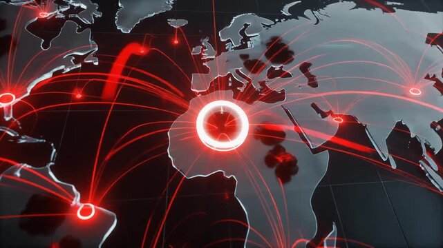 Global network of connections and spreading across the world represented by red lines emanating from highlighted regions on a world map