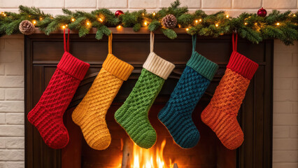 Christmas green energy eco friendly stockings hang above fireplace with festive lights and pine garland creating warm joyful holiday atmosphere