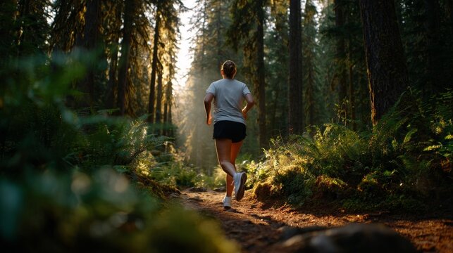 Woman jogging through a forested trail during daylight. - Powered by Adobe