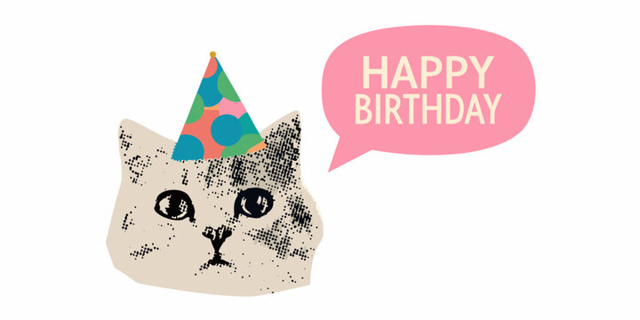 Cute cat wearing birthday hat with happy birthday speech bubble