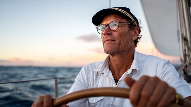 Man sailing boat ocean horizon sunset sky clouds calm sea navigation adventure leisure vacation travel relaxation freedom exploration maritime