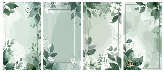 sage green floral background with frames suitable for social media wedding invitations set