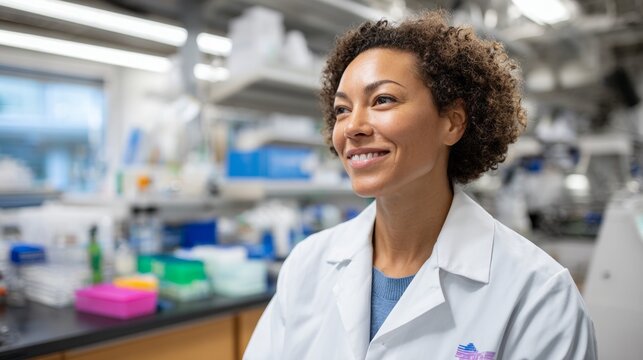 Woman scientist in lab coat smiling at camera