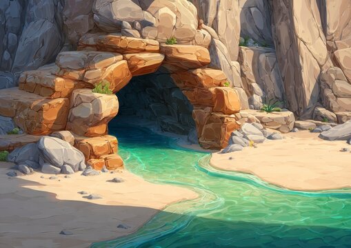 Cave entrance on a sandy beach with turquoise stream