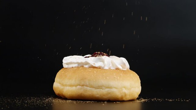 Donut topped with whipped cream and marmalade sprinkled with golden dust on black background