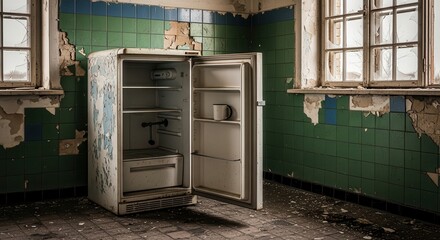An old abandoned refrigerator with its door ajar inside a deteriorating room