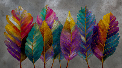 Abstract, colorful rainbow leaves on a soft gray background, created using watercolor and hyper-realistic acrylic painting techniques.