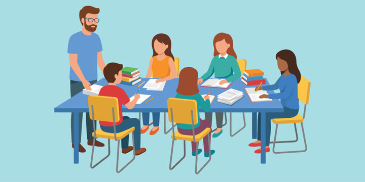Students studying at table, teacher guiding, group learning session, classroom teamwork, academic discussion, flat design, cartoon style, vector illustration