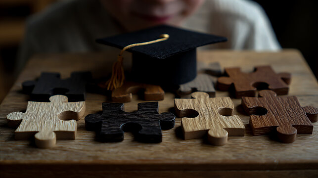 Wooden puzzle pieces and a student wearing a graduation hat on a table, representing a learning or education concept for special needs children - Powered by Adobe