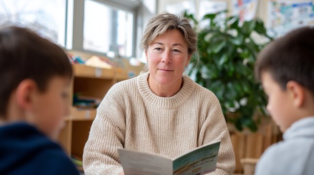 Woman reading book to children in library.