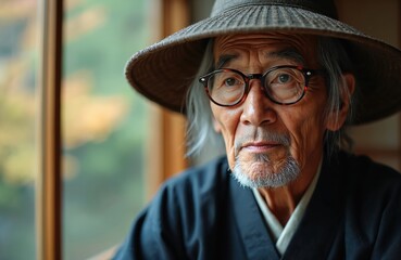 Close up portrait of senior asian man in hat, kimono and eyewear. Elderly japanese person looks at camera indoors near window. Thoughtful face with beard shows wisdom, heritage and serenity.